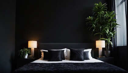 A spacious minimalist bedroom highlighting a monochrome black bed with a plush, quilted headboard. The room features a sleek black console and a large blank mockup frame