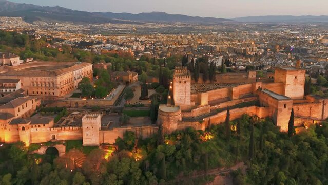 Aerial view of the historic Alhambra palace at night, Granada, Andalusia, Spain
