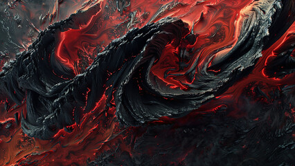 Dynamic Abstract Fluid Art in Fiery Red and Dark Black Swirls and Textures