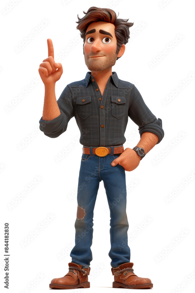 Poster cartoon man points a finger at an empty place extreme closeup. generative ai