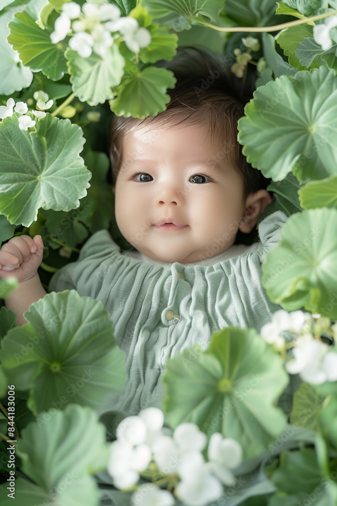 Wall mural there is a baby that is laying in some plants