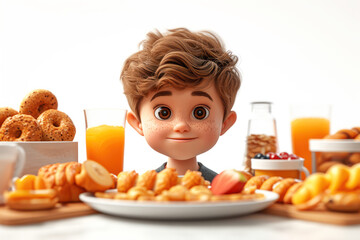 Cartoon Little Kid do Breakfast with Healthy Food extreme closeup. Generative AI