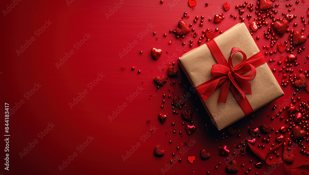 Aufkleber red gift box with ribbon and bow on a red background extreme closeup. generative ai