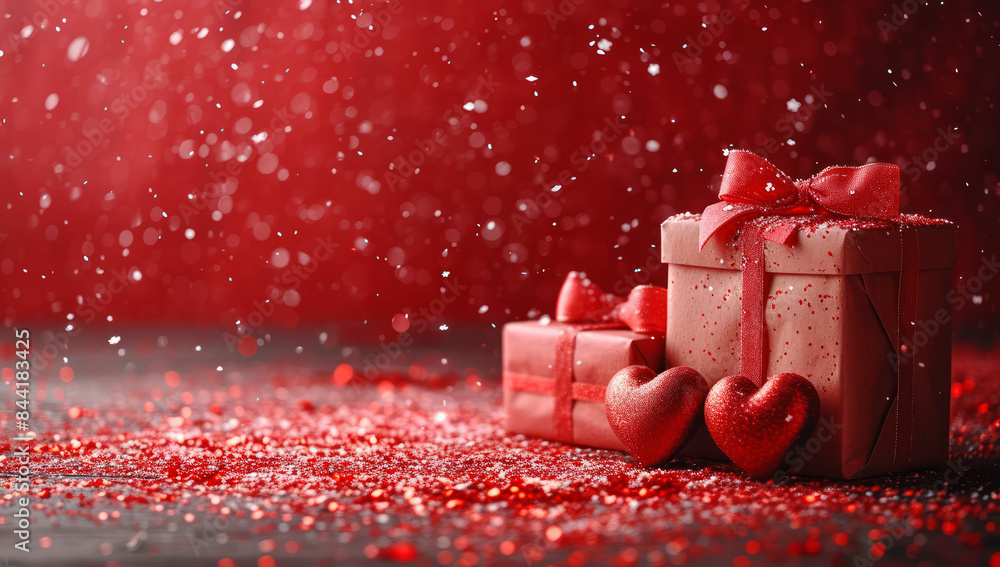 Poster red gift box with ribbon and bow on a red background extreme closeup. generative ai