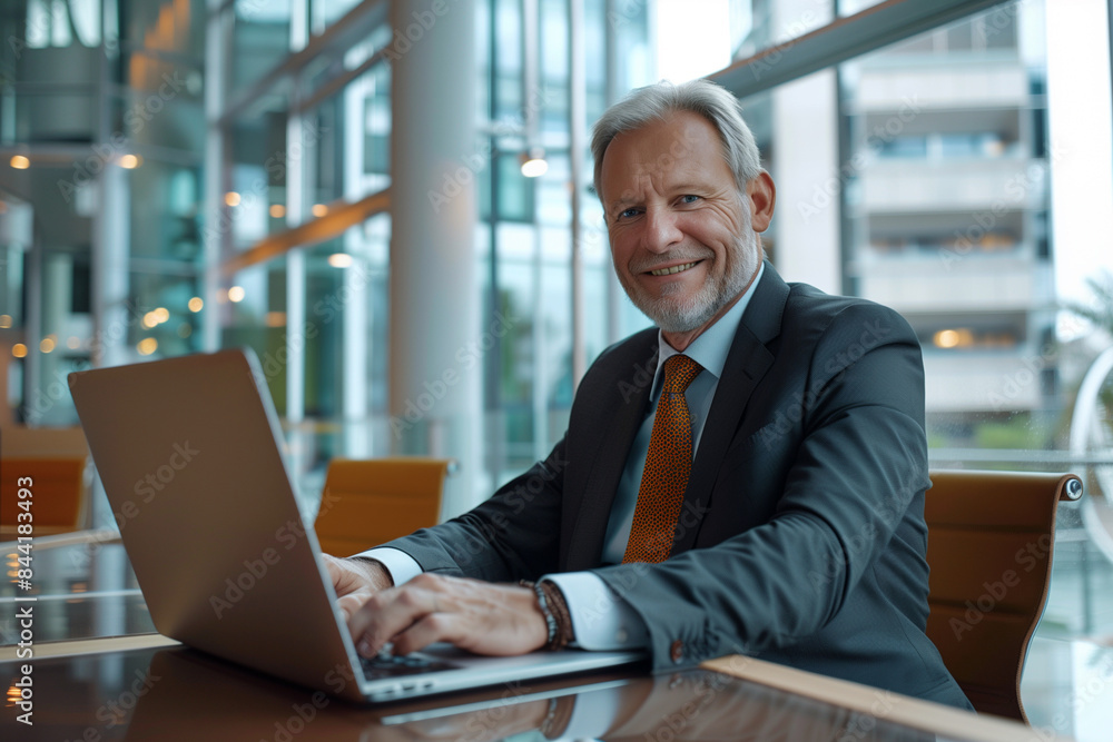 Poster a man in a suit and tie is smiling and sitting at a desk with a laptop. he is happy and content whil