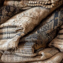 Close-up of rustic handloom fabrics, highlighting the unique weave patterns and natural, earthy tones that embody traditional textile craftsmanship
