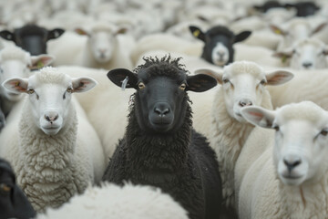 Obraz premium A black sheep stands out in a herd of white sheep. The black sheep is the only one with a different color, which makes it stand out from the rest. Concept of uniqueness and individuality