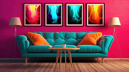  three colorful framed prints above a couch and chair