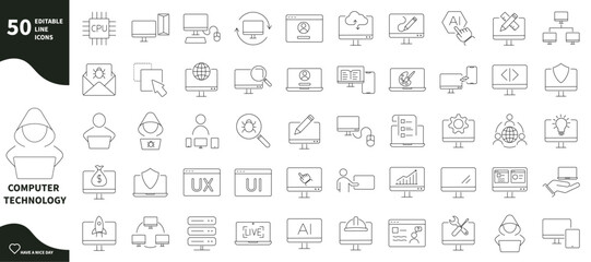 Computer technology icon. Set of icons for laptop, pc, information technology, screen,...