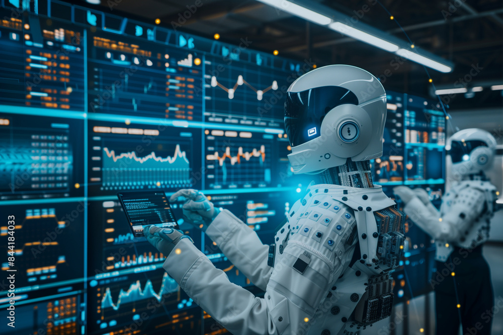 Aufkleber a robot is looking at a computer screen with a lot of numbers and graphs. the robot is wearing a hel