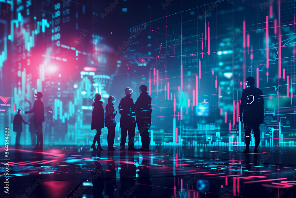 Poster a group of people are standing in front of a building with a large screen displaying financial data.