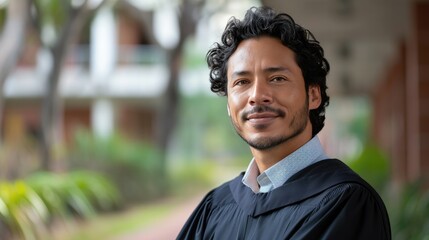 Graduate Celebrating Achievement, Hispanic Man in Academic Robe, Smiling Confidently Outdoors
