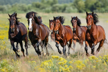 Obraz premium A group of horses running in a field. 