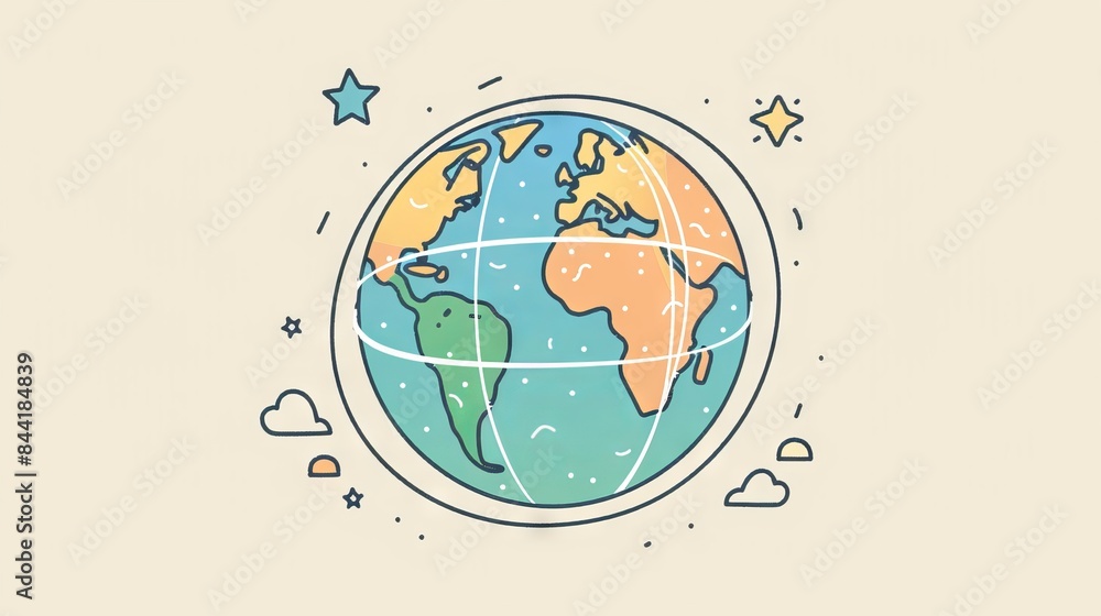 Poster minimalistic line art of a globe with latitude and longitude lines, representing global travel and e