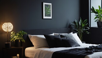 a bedroom with a large window and a bed with a black comforter and pillows and a potted plant