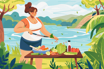 A woman is cooking food on a grill in a lush green field. The scene is peaceful and serene, with the woman focused on her task. The food being cooked includes vegetables and fruit, such as apples