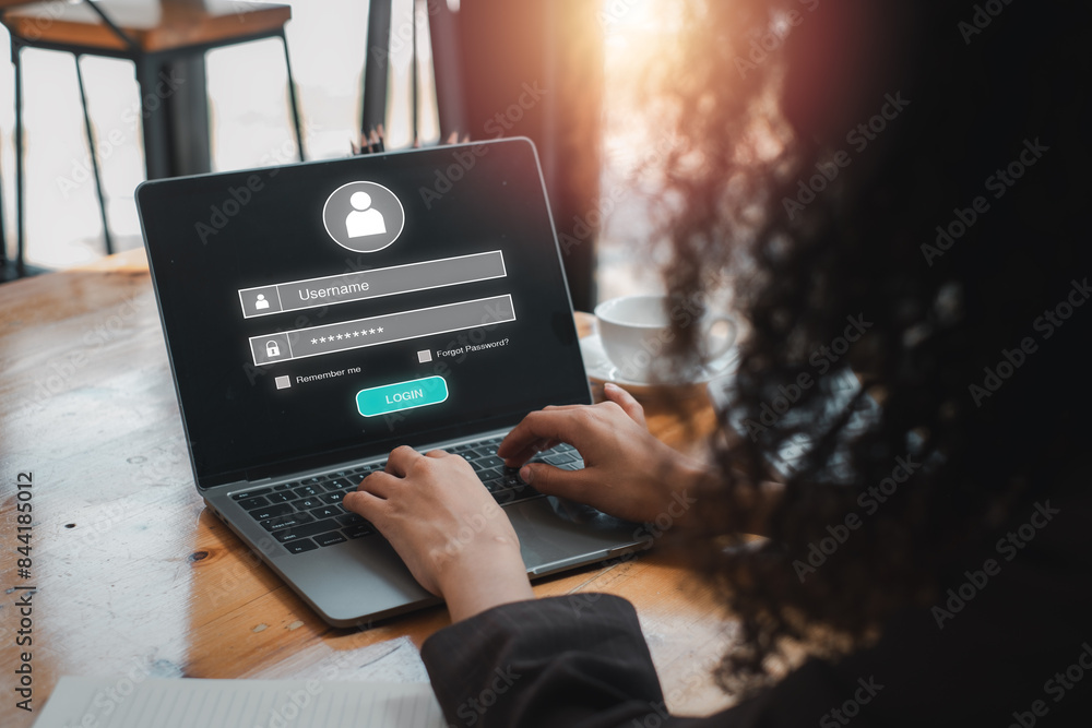 Poster login and password concept, businesswoman using laptop computer on desk with login and password icon