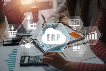 ERP, Enterprise resource planning concept, Business team analyzing income charts and graphs on office desk with nterprise resource planning icon on virtual screen, Cloud ERP, Business resources.