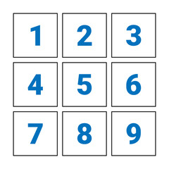 Square divided in 9 parts 3x3 grid black stroke with numeric 1 to 9 illustration.