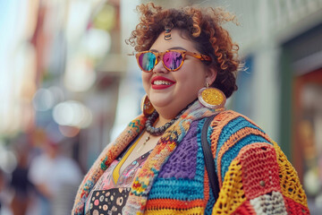 A woman with curly hair is wearing a plaid jacket and smiling. She is standing on a street in front of a building