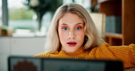 House, surprise and woman with laptop, wow and email notification with mistake, expression and reaction. Person, apartment and girl with computer, emoji and shocked for online news and announcement - Powered by Adobe