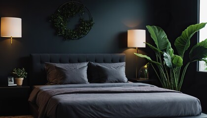 A black comforter and pillows adorn a bed in a room with lush potted plants lining the sides