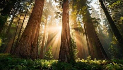 Sun shining through the forest with sequoia trees