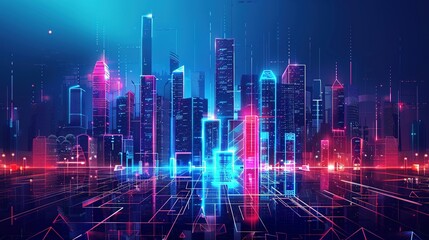 Obraz premium Abstract digital cityscape with skyscrapers and neon lights. A Vision of Urban Futurism Where Skyscrapers Pierce the Night Sky Bathed in Radiant Glow