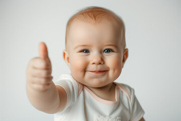 A cheerful baby with light skin and round blue eyes giving a thumbs-up gesture, dressed in a white onesie with a light pink trim