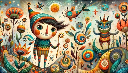 Fototapeta premium ilustración infantil, wallpaper, cuento de hadas, fantasía, variopinto, hada, gigante, tigre, león, mono, elefante rey, villano, storybook, ilustración, arte, animal, diversión, felinos, flor, bebé