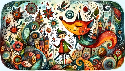 Fototapeta premium ilustración infantil, wallpaper, cuento de hadas, fantasía, variopinto, hada, gigante, tigre, león, mono, elefante rey, villano, storybook, ilustración, arte, animal, diversión, felinos, flor, bebé