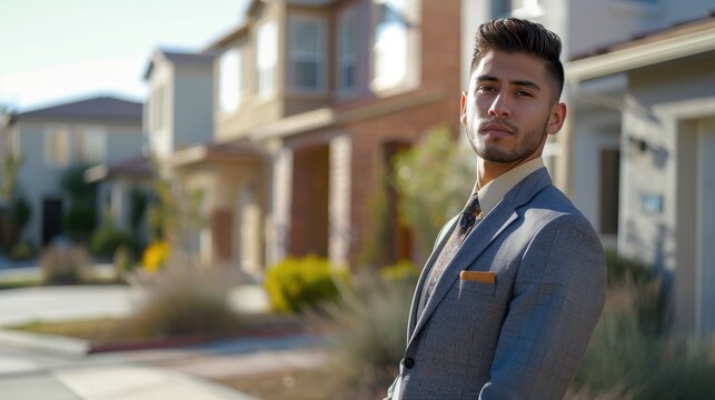 **Confident Young Man in Stylish Suit Standing Outside Luxurious Suburban Home**
