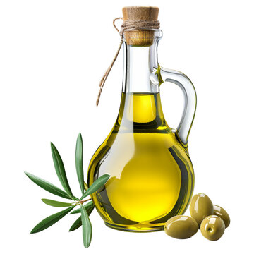 Glass bottle of olive oil with cork stopper, accompanied by fresh green olives and a branch, isolated on transparent background.