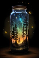 A magical night scene with a glowing glass jar or bottle containing a forest landscape with silhouetted trees and a starry night sky with glowing stars and fireflies