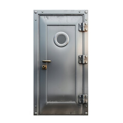 Steel security door with circular window, strong hinges, and tight seal, suitable for industrial or commercial use. transparent background