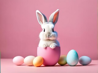Cute Easter bunny hatching from pink Easter egg isolated on pastel pink background with copy space, Happy Easter banner with adorable rabbit.