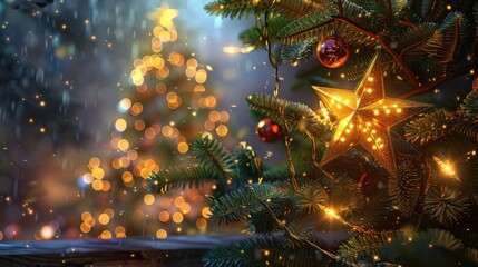 Glowing Star Christmas Ornament on Festive Tree