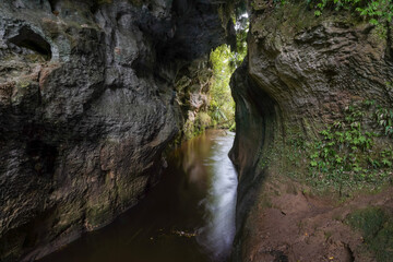 Stream Flowing Through Rocky Cave with Lush Greenery