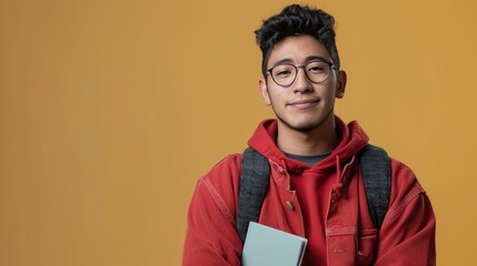 Confident Young Hispanic Student with Glasses, Red Hoodie, and Backpack Standing Against Yellow Background
