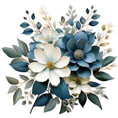 Watercolor Blooming floral set with leaves and flowers  Isolated on a transparent background