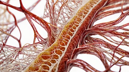 Illustrate a vivid scene of blood cells flowing through a capillary, with white blood cells attacking a pathogen, set in a richly detailed biological landscape.