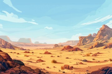 Naklejka premium Desert Landscape with Rocky Outcroppings and a Clear Blue Sky