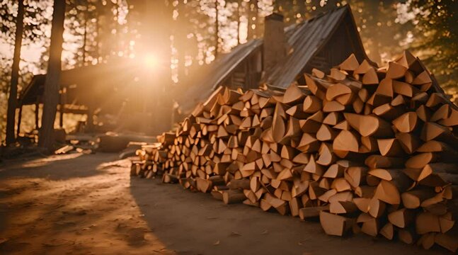 A cozy pile of firewood stacked neatly beside a rustic cabin, with golden sunlight filtering through the trees, casting warm, dappled shadows