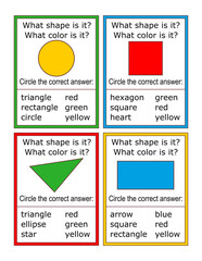 Shape and color quiz. Educational flash cards or worksheet. Teach, learn, reinforce basic math and colors concepts.
