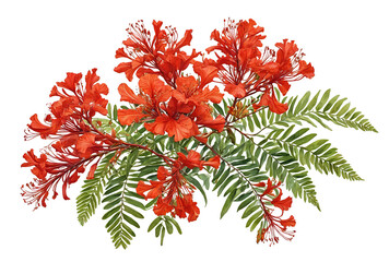 Vivid Flower Arrangement with Red Flowers and Green Leaves, Illustrated in a Stylized Manner