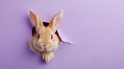 Cute rabbit peeking out of a hole teal background