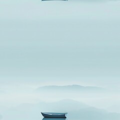 Fototapeta premium Artistic rendering of a tranquil lake scene in a minimal style, with smooth water and a lone boat, focusing on calmness and the essence of stillness
