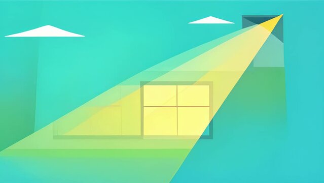 A simulation of natural light entering a building aiding architects in selecting the ideal placement of skylights and windows.. 2d flat cartoon