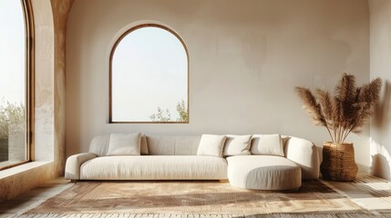 Sleek Living Room Interior: Minimalist Design with Curved Sofa, Arched Window, and Beige Wall with Copy Space