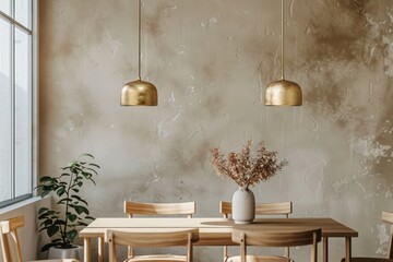 Minimalist dining area decor: Modern design with brass pendant lights against beige stucco wall creating a clean and minimalist aesthetic